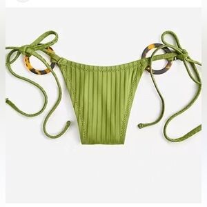 NWT J. Crew Wide Rib Curved Waist Cheeky String Bikini Bottom Rings Green Sz L